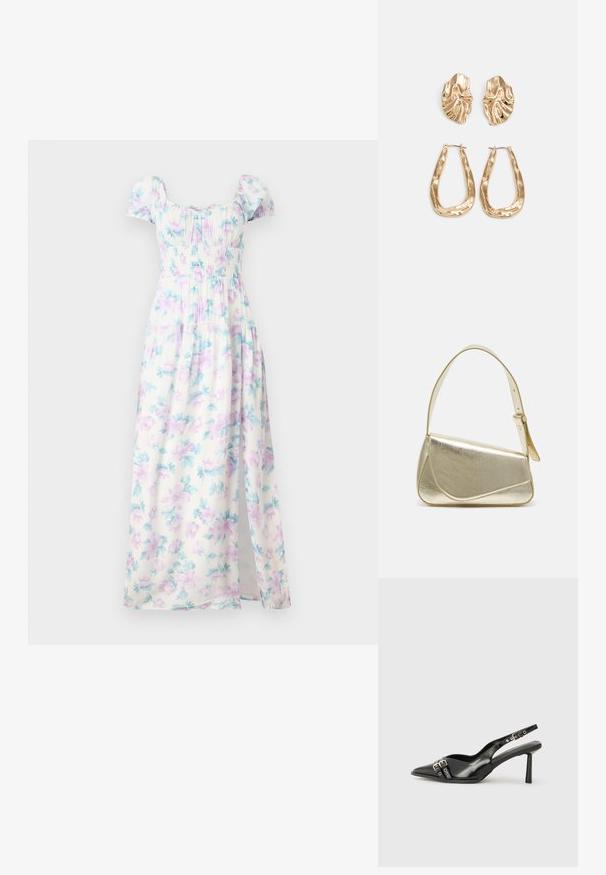 Vestido maxi floral com mangas curtas bufantes, tecido branco com flores lilás claras e turquesa, corpete franzido e fenda lateral.; Sapato slingback preto em pele patentada com bico apontado, tiras no tornozelo apresentando fivelas e acessórios prateados, e um salto elegante.; Bolsa de mão metálica dourada com um design estruturado, textura suave e alça ajustável. Apresenta uma forma triangular única e costura minimalista.; Brincos em tom de ouro com formas onduladas e texturizadas. Inclui studs escultóricos com presilha e um design de argola aberta com um acabamento martelado.