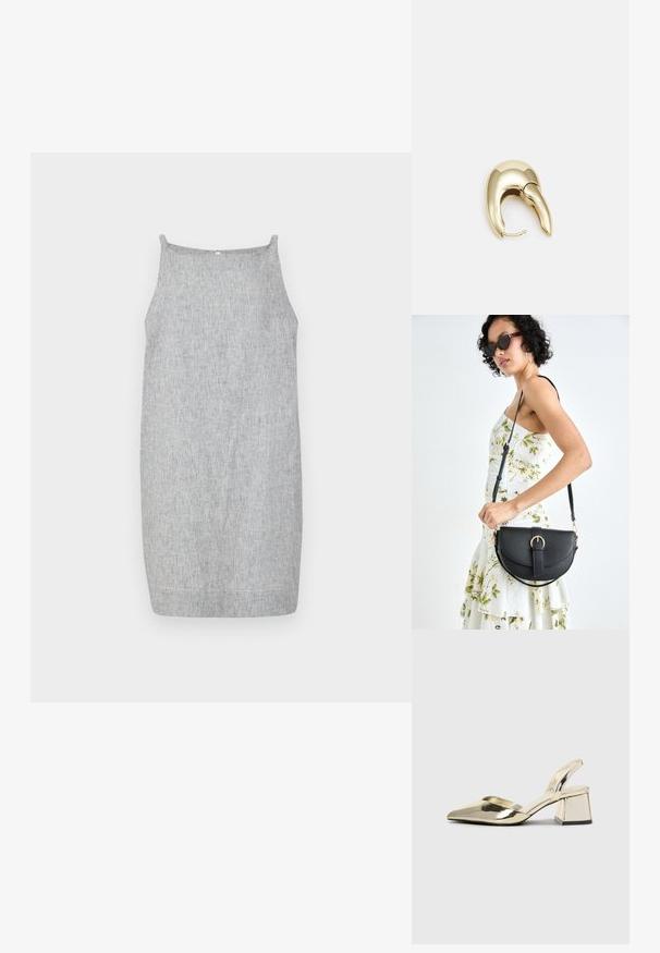 Šedé žebrované šaty bez rukávů s rovnými liniemi, tenkými ramínky a hladkým, texturovaným povrchem.; Kovové zlaté pantofle na podpatku s špičatou špičkou a masivním podpatkem. Hladký povrch, minimalisticý design a úzký pásek.; Černá kožená kabelka s křivkovým tvarem, odnímatelným popruhem a zlatými detaily. Kabelka má klopu s přezkou.; Náušnice ve zlatém tónu z kovu s elegantním zakřiveným designem. Vyznačují se jedinečným špičatým tvarem, lesklým povrchem a závěsem na kloub.