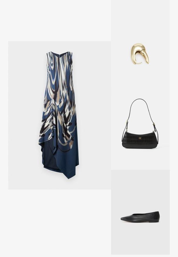 Majica brez rokavov, dolžine do kolen, v modrem, kremnem in rjavem abstraktnem vzorcu. Ima drapirano sprednjo stran, V-izrez in asimetričen rob. Gladka tkanina.; Črne usnjene balerinke, koničast toe, minimalističen dizajn, gladka tekstura, nizka peta, brez vidnih kovinskih delov ali okraskov.; Črna usnjena torbica s teksturo krokodila, vitke oblike in zlatim okovjem. Ima enojni naramnico in izboklino logotipa.; Uhane nakit iz zlatastega tona z gladko, ukrivljeno zasnovo. Ima edinstveno koničasto obliko, polirano površino in zaponko s tečajem.