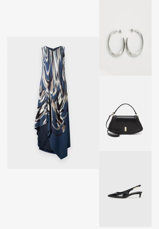 Vestido sin mangas de largo hasta la rodilla en estampado abstracto en azul, crema y marrón. Presenta un frente drapeado, escote en V y dobladillo asimétrico. Tejido suave.; Tacones negros de piel sintética tipo slingback con punta afilada, que cuentan con un tacón delgado y un detalle en tono dorado en la correa ajustable. Textura suave.; Bolso de mano de cuero negro con un diseño estructurado, que presenta una forma recortada, asa superior y acentos en dorado. Correa de hombro ajustable incluida.; Pendientes de aro de plata con un diseño curvado y suave. Presentan un acabado metálico brillante y cierre de presión. Sin patrones ni acentos visibles.