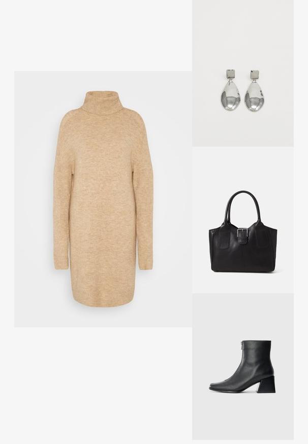 Bež turtleneck-sviiter, pehme kudumitekstuur, lõdva istuvusega, pikad varrukad ja veidi ülepaisutatud disain.; Must musta ankle bot, mille ruudukujuline varvas, külgriiv ja plokk-konts, heledal taustal.; Mustgamma nahast kott, millel on sile tekstuur, struktureeritud kuju, kaks käepidet ja esiküljel silmapaistev hõbedane pandla detail.; Hõbedased ripatsid, millel on ruudukujuline studs, siledat ja poleeritud viimistlust ning pisarakuju, peegeldades valgust läikiva pinnaga.