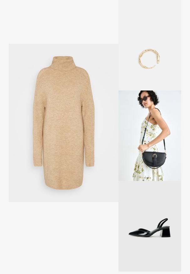 Bēšas krāsas augstā apkakle, mīksta adījuma tekstūra, brīva piegriezuma, garas piedurknes un nedaudz pārāk liels dizains.; Melna lakota āda ar atvērto papēdi, ar smailu purngalu un ģeometrisku blokpapēdi. Iezīmējas elegants, minimāls dizains un gluda tekstūra.; Melnas ādas rokassoma ar izliekta formu, noņemamu siksnu un zelta aksesuāriem. Somai ir vāciņš ar sprādzes detaļu.; Zelta toņa gredzens ar organisku, vērptu dizainu, gludu virsmu un sašaurinātiem galiem, radot mūsdienīgu, skulpturālu izskatu.