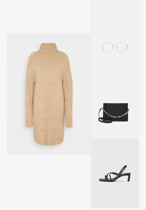 Pulover bej cu guler înalt, textură tricotată moale, croială lejeră, mâneci lungi și design ușor supradimensionat.; Sandal cu barete negre, cu vârf pătrat și toc mic de bloc. Prezintă mai multe barete subțiri și o bareta ajustabilă la gleznă. Fabricat din piele netedă.; Geantă de umăr din piele neagră, cu o textură netedă, formă rectangulară și un detaliu din lanț metalic în față. Include curea reglabilă.; Cercei din argint cu un design elegant și rotund, având o suprafață netedă și fără embellismente vizibile. Diametrul nu este specificat.