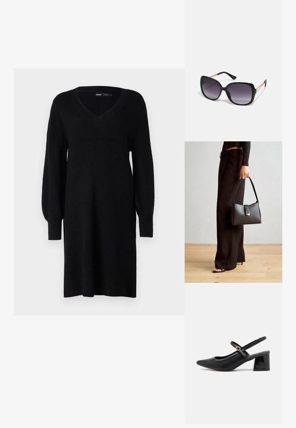 Vestido preto de malha com decote em V, mangas longas de balão e punhos canelados. O design é reto e apresenta um tecido texturizado.; Sabrinas de cerâmica preta com salto bloco, bico apontado e um design com recortes arredondados. Apresenta um detalhe em fivela de tom dourado.; Óculos de sol oversized pretos com lentes degradê, armações grossas e detalhes em corrente dourada nas hastes.; Bolsa preta com forma estruturada, textura suave e um fecho metálico. Combinada com calças largas pretas e sandálias de salto aberto sobre um chão de madeira.