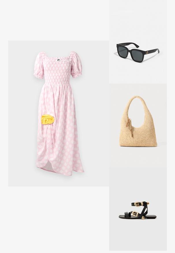 Maxi dress in light pink with white polka dots, smocked bodice, short puff sleeves, and a yellow fabric detail on the side.; Black leather sandals with gold buckle accents, featuring multiple straps and a flat sole design for open-toe wear.; Black sunglasses with rectangular lenses, featuring a glossy finish and gold logo accents on the temples. Dark grey lenses provide UV protection.; Woven beige handbag with a curved handle, textured surface, and a brown tassel detail. Features a slouchy, hobo shape.