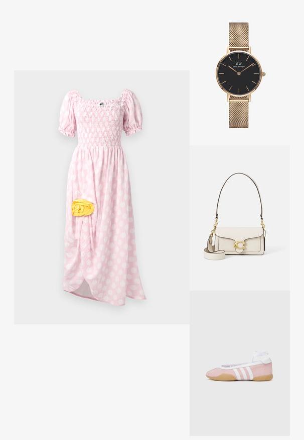 Maxiklänning i ljusrosa med vita prickar, smockad byst, korta puffärmar och en gul detaljerad tygdel på sidan.; adidas Originals TAEKWONDO MEI BALLET - Sneakers - clear pink/ftwr white/gum; Krämfärgad läderhandväska med en strukturerad design, kontrasterande svarta kanter, guldfärgade detaljer och ett avtagbart band med en signaturlogotyp.; Guldmesharmbandsur från Daniel Wellington med en rund svart urtavla, guld timmarkörer och logotyp vid 12-tiden. Enkelt, elegant design.