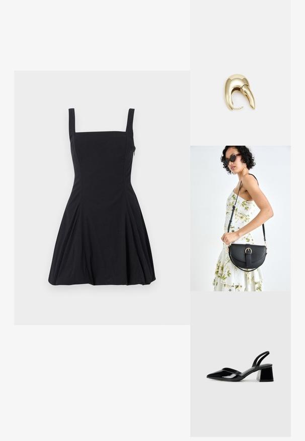 Rochie neagră fără mâneci, cu decolteu pătrat, corset ajustat și fustă evazată. Construită dintr-un material moale, cu detalii de cusătură.; Pantofi cu toc slingback din piele lacuită neagră, cu vârf ascuțit și toc geometric. Prezintă un design elegant, minimalist și o textură netedă.; Geantă din piele neagră, cu o formă curbată, curea detașabilă și accesorii aurii. Geanta are un capac cu un detaliu tip cataramă.; Cercei din metal de culoare aurie cu un design elegant și curbat. Prezintă o formă distinctivă, ascuțită, o suprafață lustruită și un sistem de închidere cu balama.
