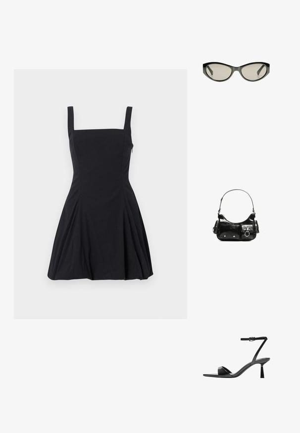Čierne šaty bez rukávov s štvorcovým výstrihom, priliehavým telom a rozšírenou sukňou. Vyrobené z mäkkej látky, so zošitím.; Bershka Sandále na vysokom opätku - black; Čierne slnečné okuliare v tvare mačacích očí so šedými tónovanými sklami. Plastový rám má ostré hrany a hladký, lesklý povrch.; Čierna laková kožená kabelka s ohnutým tvarom, jedným ramenným popruhom, prednými vreckami a striebornými kovovými doplnkami.