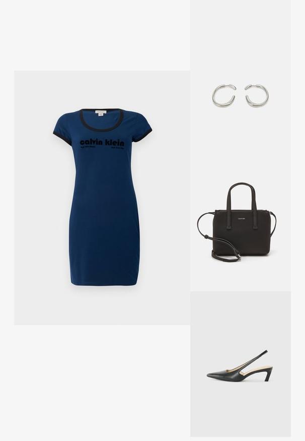 Tumesinine puuvillane kleit lühikeste varrukatega, ümar kaelus, must äär, millel on bold musta kirjatüübiga "Calvin Klein" logo.; Must mustaga, terav varvas, madala kontsaga sildiga king, mis on valmistatud siledast nahast ja mille küljel on lõike disain hingavuse tagamiseks.; Musthave mustrans vöö ja eemaldatav õlarihm. Gludike nahk siledaga, millel on tõmblukk ja logo detail.; Hõbedased rõngas kõrvarõngad, millel on siledatest ja ümaratest joonetest loodud disain ning läikiv poleeritud viimistlus. Omavad minimalistlikku kuju kerge avausega.
