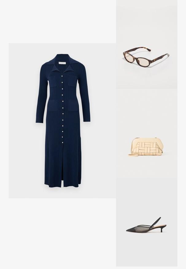 Námořnické pletené šaty s límečkem, předními knoflíky a dvěma kapsami na hrudi. Obsahují vertikální ribbovanou texturu a přední rozpark pro pohodlný pohyb.; NEOUS IRENA - Klasické lodičky - black; Sluneční brýle ve tvaru zakulacené skořápky s lehkými čočkami. Mají robustní nohy se zlacenými akcenty, vyrobené z plastového materiálu.; Tkaná béžová dámská kabelka se strukturovaným designem, která má hladký vršek a dlouhý popruh. Texturované detaily zvyšují celkový vzhled.