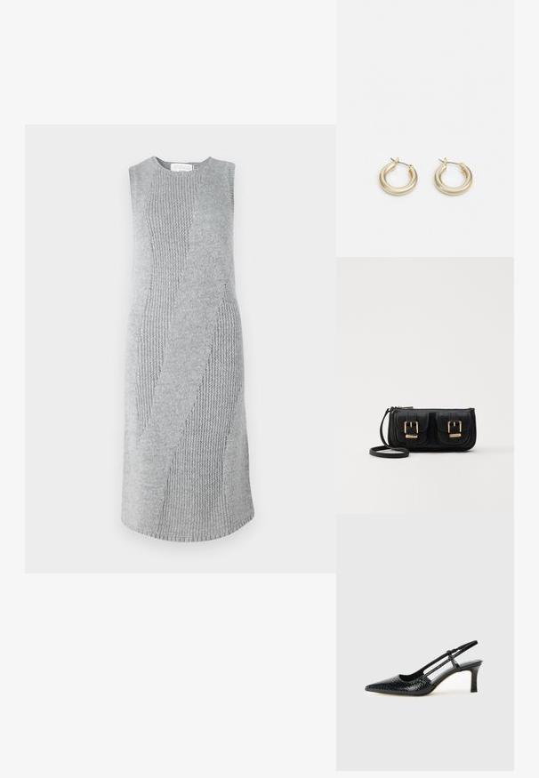 Vestido cinza de malha com um padrão texturizado em zigzag. Design sem mangas, com comprimento até ao joelho, apresentando seções de tecido canelado e suave em toda a peça.; Salto slingback em patente preta com bico apontado, apresentando um padrão de pele de cobra texturizado, tira ajustável e um salto bloco curto e texturizado.; Bolsa de ombro em couro preto com dois bolsos frontais, fivelas douradas, fecho de zíper e uma alça fina. Superfície texturizada e forma retangular compacta.; Lauren Ralph Lauren BASIC SMALL HOOP - Brincos - gold-coloured
