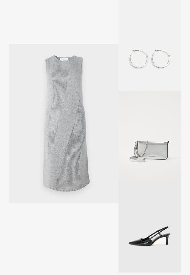 Vestido cinza de malha com um padrão texturizado em zigzag. Design sem mangas, com comprimento até ao joelho, apresentando seções de tecido canelado e suave em toda a peça.; Salto slingback em patente preta com bico apontado, apresentando um padrão de pele de cobra texturizado, tira ajustável e um salto bloco curto e texturizado.; Bolsa crossbody de couro prateada com um acabamento texturizado, detalhes em corrente e alça, e fecho de zíper. Apresenta um logotipo na parte da frente.; Brincos de argola prateados com um design suave e arredondado, apresentando um perfil fino e um fecho seguro. Estilo minimalista com um acabamento polido.