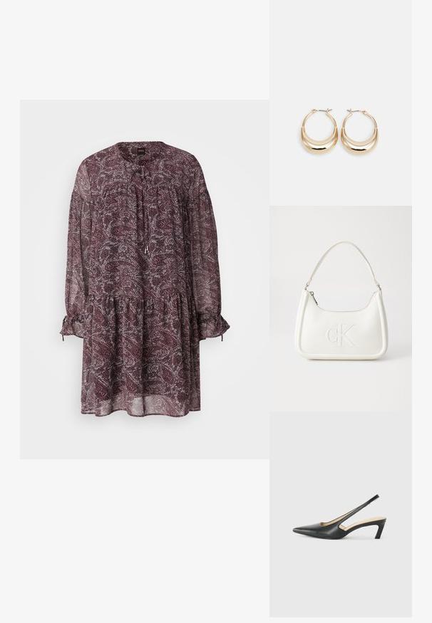 Priehľadné, splývavé šaty v tmavej marhuľovej farbe s kvetinovým vzorom. Majú okrúhly výstrih, viazací detail a zberané rukávy s elastickými manžetami.; Čierne slingback topánky s ostrou špičkou a nízkym opätkom, vyrobené z hladkej kože a s výrezmi na boku pre lepšiu priedušnosť.; Biela kožená kabelka s zakriveným tvarom, na prednej strane s embosovaným logom "CK" a jedným ramenným popruhom. Zipsové zapínanie navrchu.; Zlaté kruhové náušnice s polmesiacovým tvarom, lešteným povrchom a pántovým uzáverom. Hladká textura a reflexný lesk zvyšujú viditeľnosť.