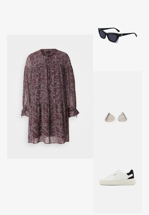 Ležérní, průhledné šaty v tmavě vínové barvě s květinovým vzorem. Mají kulatý výstřih, detaily na zavazování a nabrané rukávy s elastickými manžetami.; Bílé kožené tenisky s tlustou bílou podrážkou, černým semišovým akcentem na patě a vyraženým logem na boku. Šněrovací design se šesti očka.; Černé oversized sluneční brýle geometrického tvaru, s tmavými skly a kontrastním šedým detailem na rámu. Logo na rameni.; Stříbrné kovové náušnice s hladkým tvarem slzy a lesklým povrchem. Jemné rytiny přidávají detail. Minimalistický design.