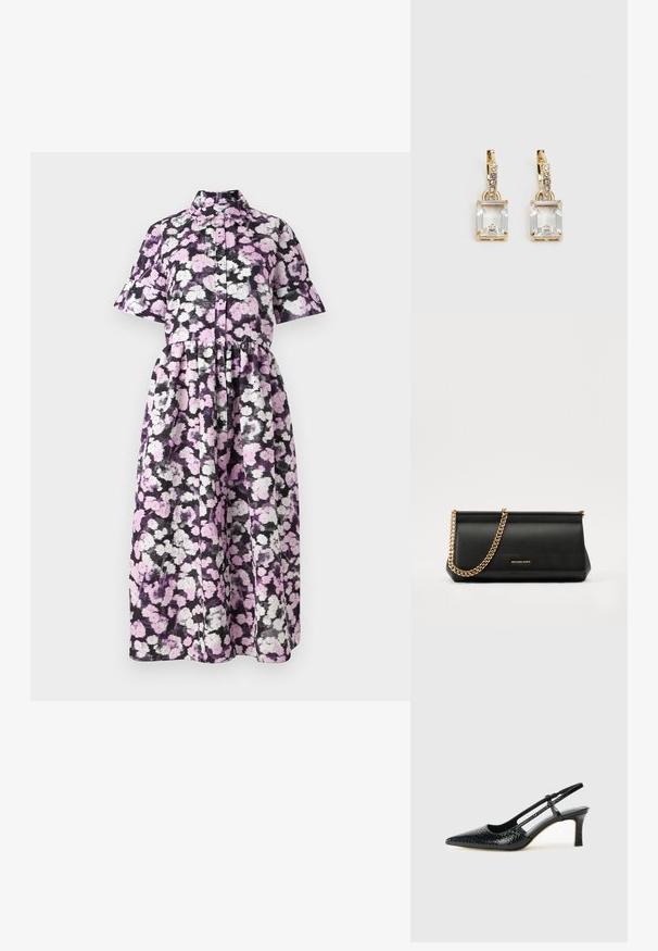 Gėlėta midi suknelė su trumpomis rankovėmis, priekyje su užtrauktuku, purpurinė, juoda ir balta raštas; lengvas audinys; prigludusi juosmens dalis su pilna sijonu.; Juodai lakuoti slingback aukštakulniai su smailiu nosiu, su tekstūruotu gyvatės raštu, reguliuojama juosta ir trumpu, tekstūruotu blokiniu kulnu.; Juodas odinis delninukas su auksine grandine, turintis lygų paviršių, stačiakampį išmatavimą ir įspaustą prekės ženklą priekyje.; Auksinės spalvos auskarai, kuriuose yra stačiakampis, skaidrus kristalas, kabantis po eile mažų, apvalių skaidrių akcentų. Šiuolaikiškas, modernus dizainas.