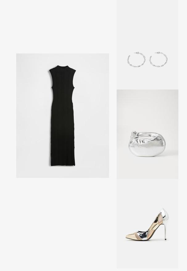 Čierna rebrová pletená maxi šaty bez rukávov s vysokým golierom, priliehavým strihom a rovnou siluetou. Textúrovaná látka s minimálnymi detailmi.; Lodičky s špičatou špičkou v striebornom, zlatom a telovom farebnom prevedení. Lesklý povrch s výrezovým dizajnom, s ihlovým opätkom.; Strieborná metalická taška s mäkkým, zaobleným tvarom a uzáverom s uzlíkom. Vyrobená z hladkej syntetickej kože.; Strieborné kruhové náušnice s prúteným dizajnom, s lešteným povrchom a zapínaním na kolíček. Majú priemer približne 3 cm.