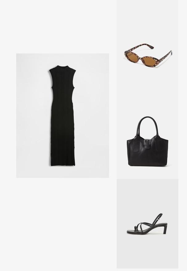 Črna rebrasta pletena brezrokavna maksi obleka z visokim ovratnikom, obliko, ki se prilega telesu, in ravno silhueto. Teksturna tkanina z minimalnimi detajli.; Črne natikače s trakovi in kvadratnim prstom ter nizkim blokastim peto. Imajo več tankih trakov in nastavljiv trak okoli gležnja. Narejene so iz gladkega usnja.; Želve sončne očala z ovalnimi lečami, rjave tonirane, tanke ročice z teksturiranim vzorcem, lahka plastična okvir.; Črna usnjena torba s gladko teksturo, strukturirano obliko, dvema ročkama in izrazitim srebrnim sponko na sprednji strani.
