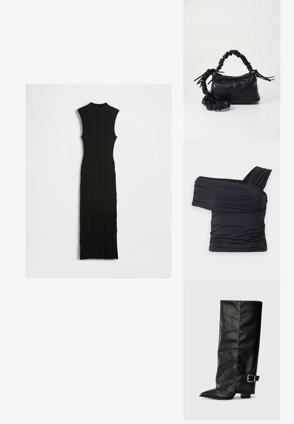 Crna rebrasta pletena maksi haljina bez rukava s visokim ovratnikom, prilagođenog kroja i ravne siluete. Teksturirana tkanina s minimalnim detaljima.; Crna bluzica bez naramenica napravljena od mekog, rastezljivog materijala, sa nabranim detaljima i širokim remenom s jedne strane.; Crne kožne čizme do gležnja sa šiljastim vrhom, glatkom teksturom i srebrnim kopčanjem sa strane. Debela kvadratna peta.; Crna torba od umjetne kože s teksturom krokodila, s cinčanim vrhom i naboranom trakom. Izgleda mekano i kompaktno u dizajnu.