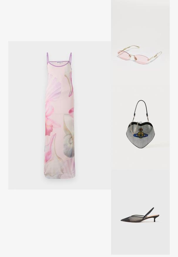 Bez piedurknēm, maksi kleita gaiši rozā audumā ar lieliem ziedu rakstiem rozā un baltā krāsā, ar gaiši violetām siksnām un apdari.; NEOUS IRENA - Klasiski papēži - black; Gucci Saulesbrilles - gold-coloured/pink; Sirds formas somiņa izgatavota no sietiņmateriāla ar metālisku apdari, ar kaķa un planētas dizainu zilos, dzeltenos un sarkanajos toņos. Ietver ķēdes siksnu.