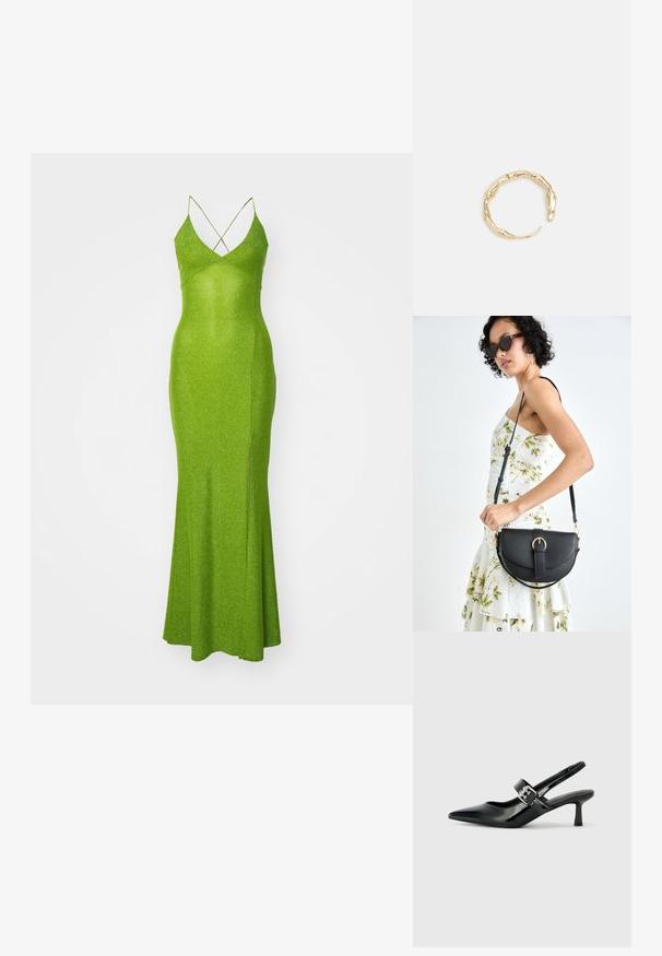 Zelena, sjajna haljina do poda s V-izrezom, uskim naramenicama i bočnim prorezom. Ima križane naramenice na leđima i prilagođeni kroj.; Crne lakirane slingback potpetice s oštrim prstom i malom blok petom, s naglaskom na srebrnoj kopči na remenu.; Crna kožna torba s lukovitim oblikom, odvojivim remenom i zlatnim detaljima. Torba ima preklop s kopčom.; Prsten u zlatnoj nijansi s organskim, uvijenim dizajnom, glatkom teksturom i suženim krajevima, koji stvara moderan, skulpturalni izgled.