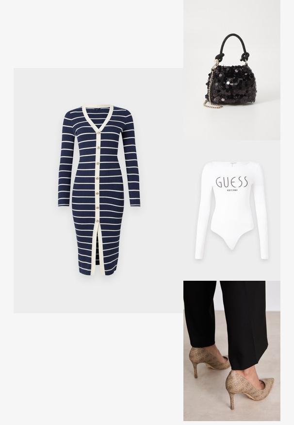 Tengerészkék, bordás ruha fehér csíkokkal, V-nyakkal, hosszú ujjal, gombos elülső résszel és középen hasítékkal. Krémszínű díszítéssel rendelkezik.; Hosszú ujjas, fehér body, kerek nyakkivágással. Elöl a "GUESS" logó és az "EST.1981" felirat fekete színben látható. Sima textúrával rendelkezik.; Beige magassarkú cipők texturált anyagból, ismétlődő mintával. Hegyes orrú kialakítás, hátsó díszítéssel és arany sarkú részlettel.; Fekete flitteres mini kézitáska csomózott textúrájú pánttal és ezüst lánccal. Lekerekített forma, ráncolt tetejével és fényvisszaverő részletekkel.