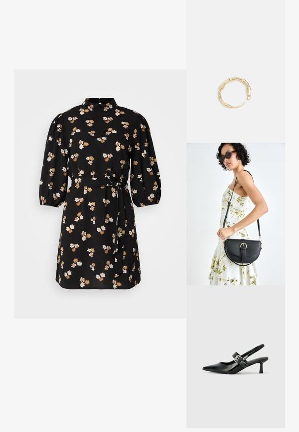 Juoda gėlių suknelė su aukštu kaklu, pūstomis rankovėmis, juosmeniu rišamu diržu ir baltais bei rudi gėlių raštais visoje suknelėje.; Juodai lakuoti slingback aukštakulniai su smailiu kojų pirštu ir mažais blokiniais kulniukais, su sidabro sagtimi ant dirželio.; Juodas odinis krepšys su išlenkta forma, nuimamu dirželiu ir auksiniais detalėmis. Krepšys turi kilpą su sagtimi.; Auksinės spalvos žiedas, turintis organišką, sukimosi dizainą su lygiu paviršiumi ir siaurėjančiais galais, sukuriantis modernią skulptūrinę išvaizdą.