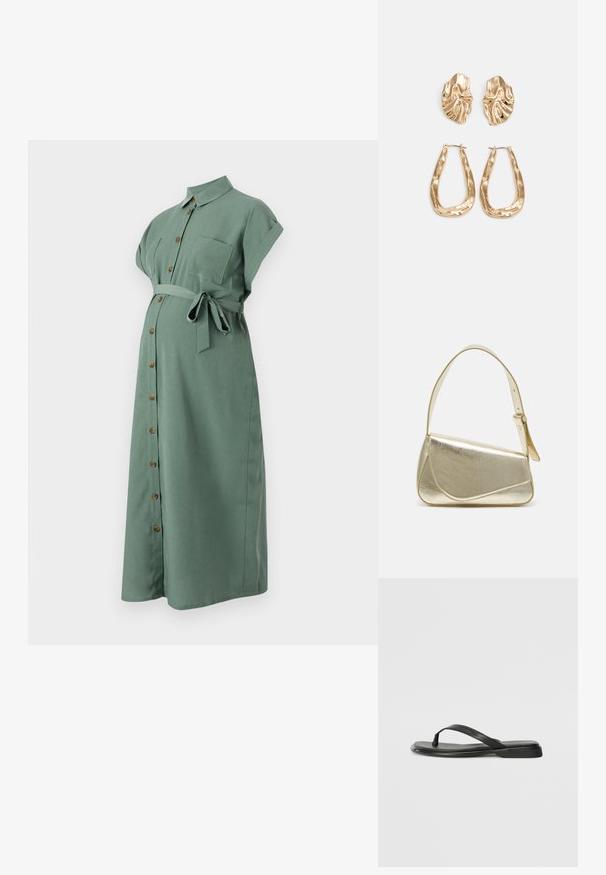 Zöld, térd alá érő ruha rövid felgöngyölt ujjal, gombos elülső résszel és derékmeghúzóval. Mellzsebe van és fa-szerű gombokkal rendelkezik.; Fekete papucs sima bőrből, vékony pántkel és lapos talppal rendelkezik, minimális profilú. Nincsenek kiemelkedő minták vagy díszítések.; Arany fémes kézi táska, strukturált dizájnnal, sima felülettel és állítható pánttal. Egyedi háromszög alakú, minimalistának mondható varrásokkal rendelkezik.; Aranyszínű fülbevalók, texturált, hullámos formákkal. Tartalmazza a szobrászati klipszes studokat és az open hoop kialakítást, kalapácsos felülettel.