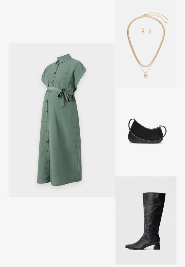 Rochie verde, până la genunchi, cu mâneci scurte răsucite, închidere cu nasturi pe față și cordon la talie. Prezintă un buzunar pe piept și nasturi asemănători cu lemnul.; Boot din piele neagră, până la jumătatea gambei, cu vârf ascuțit și toc pătrat, pe un fundal luminos simplu.; Geantă de umăr din piele neagră cu un design curbat, având o curea texturată și accesorii aurii la închiderea de sus. Finish neted.; Set de bijuterii din aur, care include un colier stratificat cu un pandantiv în formă de lacrimă și cercei tip studs asortați, toate cu un finisaj lustruit.