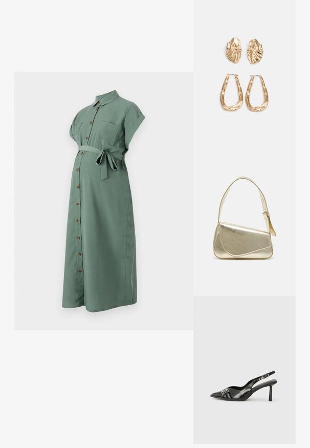 Roheline, põlvepikkune kleit lühikeste rullitud varrukatega, nööbiga ees ja vöökohaga seotud. Omab rinna taskut ja puidulaadseid nööpidega.; Must musta nahk kingad sanga ja terava ninaga, ankle strapidega, millel on hõbedased pandlad ja riistvara ning õhuke konts.; Kuldmetallist käekott, millel on struktureeritud disain, sile tekstuur ja reguleeritav rihm. Omab ainulaadset kolmnurkset kuju ja minimalistlikku õmblust.; Kuldse värvi kõrvarõngad, mis on kaunistatud tekstuursete ja laineliste kujunditega. Komplektis on skulpturaalsed klamber kõrvarõngad ja avatud rõngasdisain, millel on lõhestatud viimistlus.