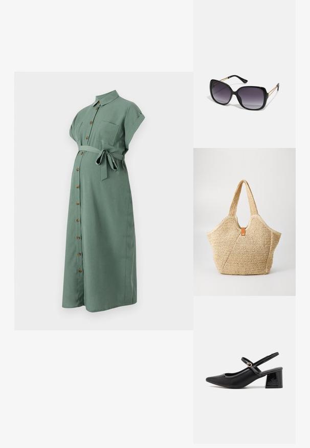 Roheline, põlvepikkune kleit lühikeste rullitud varrukatega, nööbiga ees ja vöökohaga seotud. Omab rinna taskut ja puidulaadseid nööpidega.; Mustad läikivad nahast slingback-kõrged kontsad, millel on terav nina, ümar lõikekujundus ja blokknina. Omab kuldset nupu aktsenti.; Mustad ümarad päikeseglaasid, millel on gradient objektiivid, paksud raamid ja kuldse tooni kettaga kaunistused tempelitel.; Suur õlgkott, millel on tekstureeritud beež välimus ja kaks laia sang. Omab nahast kaunistusrihma sulgemiseks.