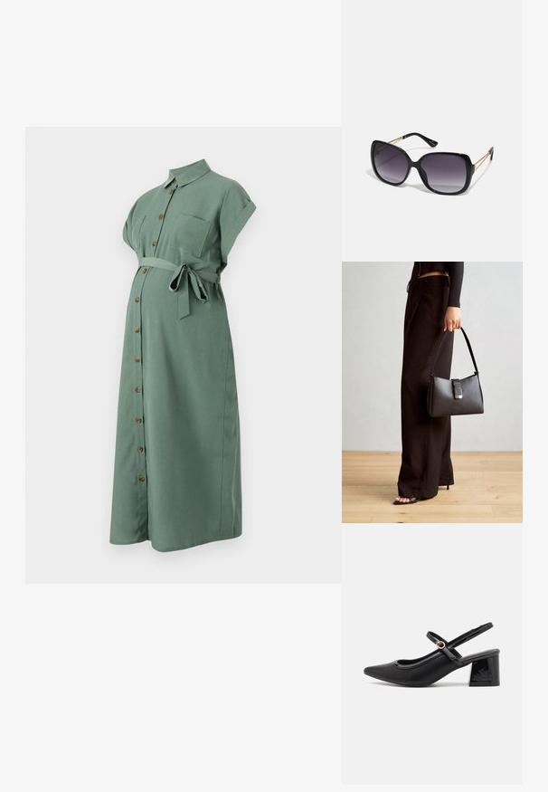 Žalia iki kelių suknelė su trumpomis sukritusiomis rankovėmis, mygtukų užsegimu priekyje ir juosmens raiščiu. Yra krūtinės kišenė ir medžio imitacijos mygtukai.; Juodi patentinio odos slingback aukštakulniai su smailiu pirštu, apvaliu išpjovimu ir blokiniu kulnu. Papuošti auksiniu juostos akcentu.; Juodos didelės saulės akinių su pereinamais objektyvais, storomis rėmeliais ir auksinės spalvos grandinėmis ant šventyklų.; Juodas rankinė struktūrizuota forma, lygi tekstūra ir metalinis užsegimas. Suporuota su plačiomis juodomis kelnėmis ir atvirais bateliais ant medinių grindų.