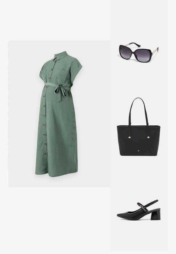 Zelena obleka do kolen z kratkimi zavihanimi rokavi, sprednjim zapiranjem na gumbke in pasom. Ima žep na prsih in gumbe, ki izgledajo kot les.; Črne patentne usnjene salonarce s slingback obliko, s koničastim nosom, zaobljenim izrezom in blok peto. Imajo zlato kovinsko zaponko kot dodatno okrasje.; Črne prevelike sončne očala z degradacijskimi lečami, debelimi okvirji in zlatimi verižicami na ročajih.; Črna torba iz sintetičnega materiala, preproste pravokotne oblike, z zlatimi kvadratnimi detajli in dvojnih ročajem.