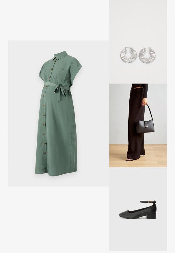 Zelena obleka do kolen z kratkimi zavihanimi rokavi, sprednjim zapiranjem na gumbke in pasom. Ima žep na prsih in gumbe, ki izgledajo kot les.; Črne usnjene pumpice z nazobčanimi prsti in nizko blokasto peto. Imajo trak okoli gležnja z zaponko v zlatem tonu. Gladka tekstura.; Črna torbica z strukturirano obliko, gladko teksturo in kovinskim zaponko. Ujemajo se z širokimi črnimi hlačami in odprtimi sandali na lesenem tleh.; Srebrni obročasti uhani okrašeni z več prozornimi kristalnimi poudarki, ki imajo teksturirano površino in odprto okroglo zasnovo.