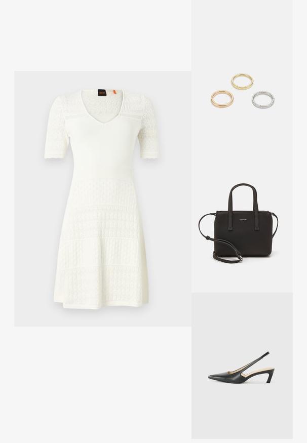 Bílé pletené šaty s krátkými rukávy, výstřihem do V, texturovanými vzory a rozšířeným lemem. Vyznačují se vzorovaným designem na různých sekcích.; Černý špičatý slingback s nízkým podpatkem, vyrobený z hladké kůže, s výřezem na boku pro lepší prodyšnost.; Černá kabelka s dvojitými krátkými uchy a odnímatelným ramenním popruhem. Hladký koženkový materiál s uzávěrem na zip a detailem loga.; Tři kovové prsteny: jeden růžově zlatý, jeden zlatý s texturovanými detaily a jeden stříbrný, všechny s vyrytým brandingem na vnitřním boku.
