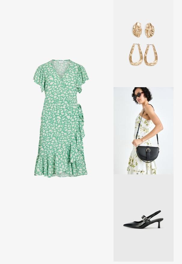 Vestido verde com um design envolvente, mangas curtas e franzidas, e manchas brancas abstratas. Apresenta uma barra rodada e um laço lateral para ajuste no tamanho.; Saltos slingback em verniz preto com bico pontiagudo e um pequeno salto bloco, apresentando um detalhe de fivela prateada na tira.; Bolsa de couro preta com forma curva, alça destacável e detalhes em dourado. A bolsa possui uma aba com detalhe de fivela.; Brincos em tom de ouro com formas onduladas e texturizadas. Inclui studs escultóricos com presilha e um design de argola aberta com um acabamento martelado.