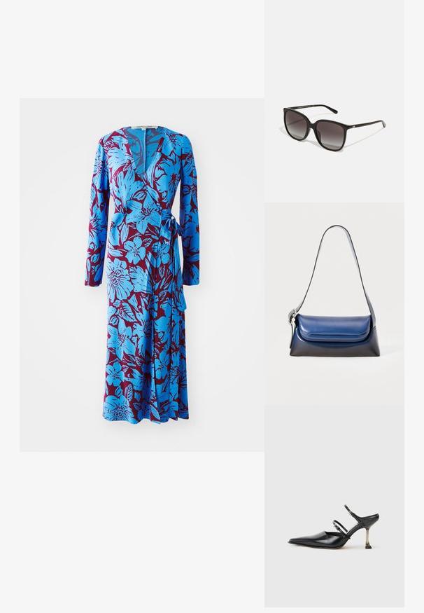 Rochie înflorată albastră, cu mâneci lungi, având un fond burgund îndrăzneț și o curea la talie. Material moale cu o textură netedă.; Pantofii slingback din piele neagră cu vârf ascuțit, dotati cu două curele ajustabile și un toc metalic. Textură netedă și design minimalist.; ochelari de soare dreptunghiulari negri cu lentile cu gradient, ramă din plastic și accent logo metalic pe tâmplă. Design clasic cu textură netedă.; Geantă de umăr din piele bleumarin cu un finisaj neted, având o formă rotunjită, cu partea superioară pliată și o curea de umăr. Include accente din metal argintiu.
