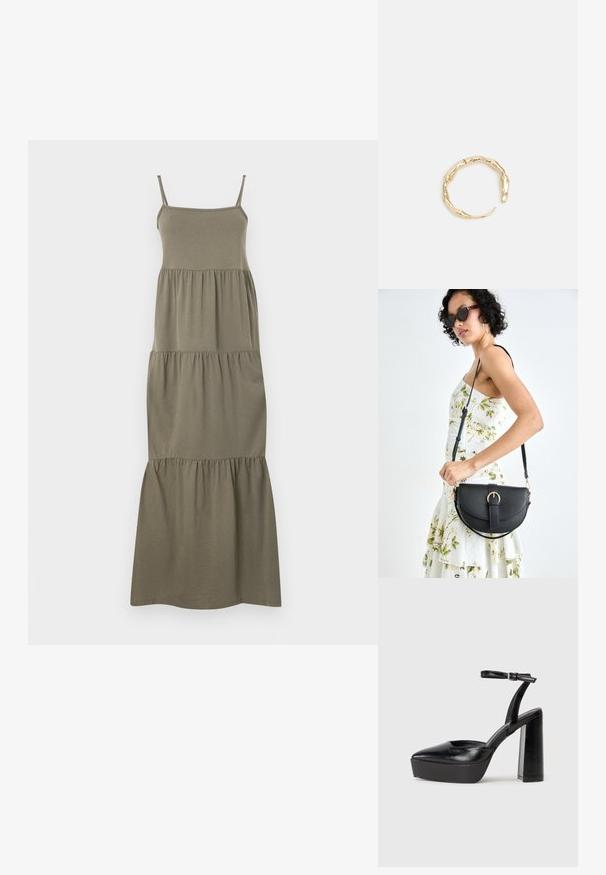 Olivno zelena, brezrokavna maksi obleka, z oprijetim topom in večplastnim, nabranim krilom za sproščen silhuet. Narejena iz mehke tkanine.; Črne platforme z visokimi petami in koničastim nosom ter nastavljivim gležnjenjskim trakom. Narejene iz gladke usnje, s kockasto peto.; Črna usnjena torbica s ukrivljeno obliko, z odstranljivo naramnico in zlatimi dodatki. Torbica ima pokrov s podrobnostmi v obliki zaponke.; Zlati prstan s organskim, zvitim dizajnom, gladko površino in taperiranimi konci, ki ustvarja modernega, skulpturalnega videza.