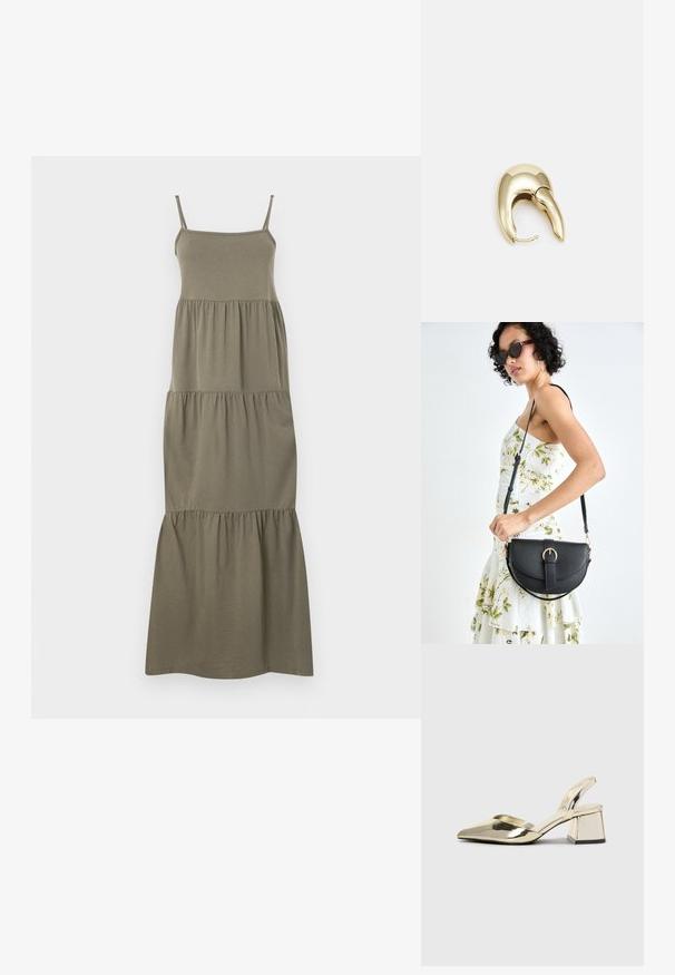 Oliven grønn, ermela maxi-kjole med en fitted liv og lagdelt, volangskjørt for en avslappet silhuett. Laget av mykt stoff.; Gull, metallisk slingback-hæler med spiss tå og chunky hæl. Glatt tekstur, minimalistisk design og en smal stropp.; Svart lærveske med en buet form, avtagbar stropp og gullbeslag. Vesken har et klaff med spenne-detall.; Gullfarget metalløredobber med et elegant, buet design. Har en karakteristisk spiss form, polert overflate og hengsel-lukking.