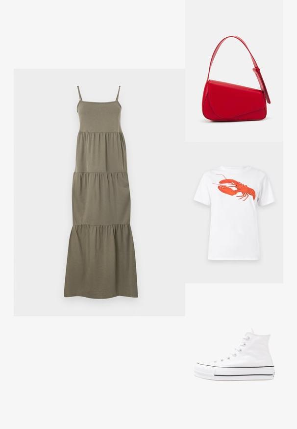Oliven grønn, ermela maxi-kjole med en fitted liv og lagdelt, volangskjørt for en avslappet silhuett. Laget av mykt stoff.; Hvit bomull t-skjorte med et stort, lyst rødt hummermotiv på fronten. Korte ermer og standard rund hals-design.; Hvit høy-skinn kanvas sneakers med svart gummisåle, gummitåhette foran og seks hull for snorer, med et rent, minimalistisk design.; Rød lærveske med en vinklet, geometrisk design. Har en enkelt justerbar stropp og en klaffelukking med sydd detaljer.
