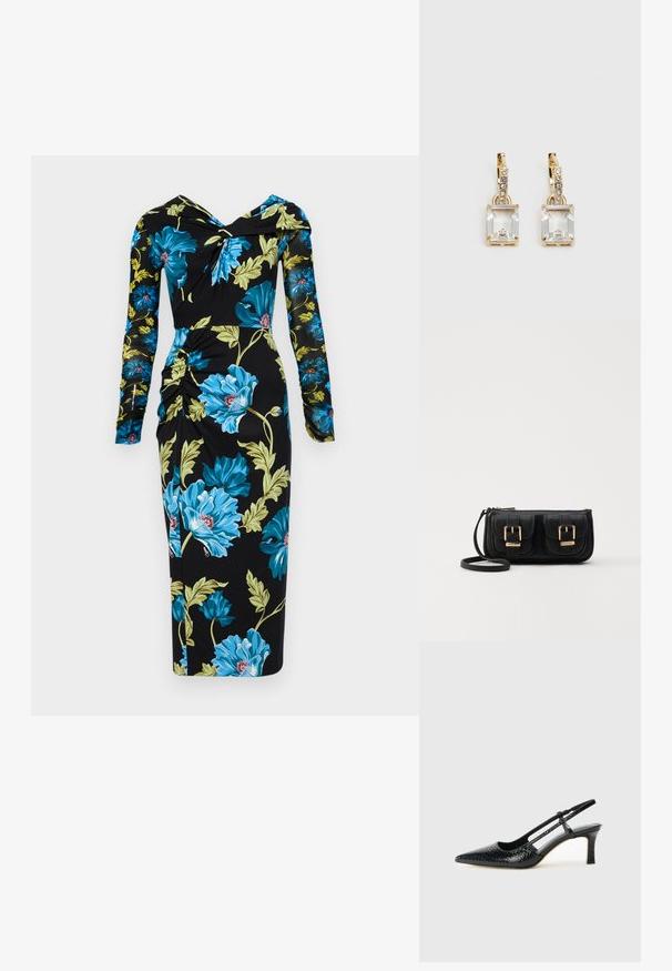 Diane von Furstenberg RICH DRESS - Rochie de zi - dark teal; Pantofi cu toc slingback negri din patent, cu vârf ascuțit, cu imprimeu de șarpe texturat, curea ajustabilă și toc scurt texturat.; Geantă neagră din piele, tip crossbody, cu două buzunare frontale, catarame aurii, închidere cu fermoar și o curea subțire. Suprafață texturată și formă rectangulară compactă.; Cercei aurii care prezintă un cristal clar, rectangular, suspendat sub un rând de accente mici, rotunde, clare. Design elegant și modern.
