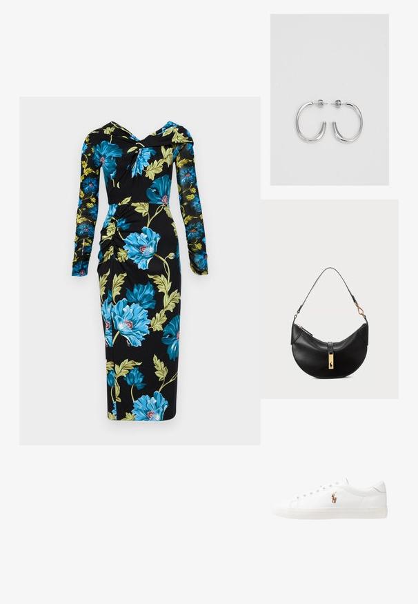 Diane von Furstenberg RICH DRESS - Dienas kleita - dark teal; Baltas ādas sporta apavi, zema dizaina, ar gludu tekstūru, noapaļotu purngalu, ar auklēm priekšpusē un nelielu izšūtu logotipu sānos.; Melnas ādas rokas soma pusmēness formas. Iezīmē zelta metāla akcentus un šauru siksniņu. Gluda tekstūra, rāvējslēdzēja aizdare augšpusē.; Sudraba stīpas auskari ar gludu, spīdīgu virsmu, izceļas ar izliektaveida formu un aizdari ar tapu. Minimālistisks dizains ar mūsdienīgu apdari.