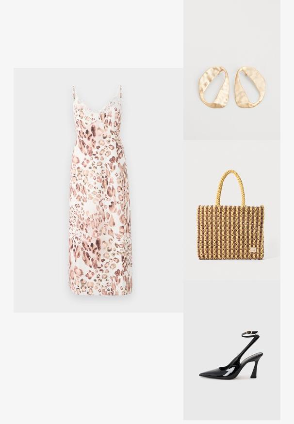Leopardmönstrad midiklänning i mjukt tyg, med justerbara axelband och delikat spetskant vid halsringningen. Färgpalett: beige, brunt, mjukt rosa.; Svart patentläder slingback högklackade skor med spetsig tå, justerbar ankelsnodd och en måttlig blockklack. Slät yta med glansig finish.; Vävd väska i brunt och gult, med rektangulär form, två handtag och en texturerad yta med synliga sömmar och ett varumärkesmärke.; Ett par oregelbundna ovalformade örhängen i guldtonad metall med en strukturerad, något hamrad yta på en vit bakgrund.