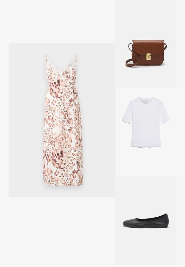 Leopardų rašto midi suknelė iš minkštos medžiagos, su reguliuojamomis petnešėlėmis ir subtiliu nėriniu apykaklėje. Spalvų paletė: smėlinė, ruda, švelni rožinė.; Balta trumpa rankovėmis marškinėliai, pagaminti iš pasiruošusio audinio. Apvali iškirptė, reguliari tinkamumas ir subtilūs siuvimo detalės. Be raštų ar grafikos.; Juodai odiniai baletai su apvaliu pirštu, lygi texture, minimalus siuvimo detales ir lanksčiu padų dizainu.; Ruda odinė rankinė su uždaromu dangteliu, aukso spalvos detalėmis, petneša ir lygiu paviršiumi. Kompaktiška stačiakampio formos.