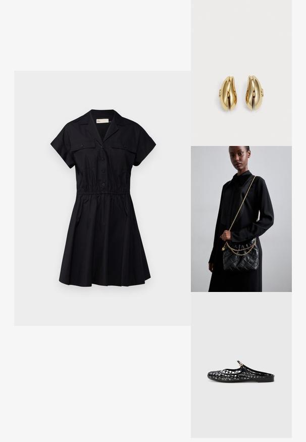 Czarna sukienka o krótkim rękawie z kołnierzykiem, z guzikami z przodu, dwoma kieszeniami na piersi i elastyczną talią, z rozkloszowaną spódnicą.; Tory Burch MELLOW czarny; Czarna pikowana skórzana torebka z marszczonym topem, złotym łańcuchem oraz prostokątnym kształtem, trzymana na jednolitym tle.; Złote kolczyki o płynnej, zakrzywionej formie. Każdy kolczyk ma gładką powierzchnię i mały zapięcie z dekoracyjnym detalem.