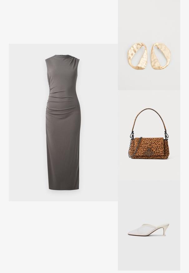 Hõlmikuta hall midi-kleit, millel on kitsas siluett, külje rütmimise detailid, ümmargune kaelus ja sile, elastne kangas.; Valge võrkmaterjalist teravatoa mulli king, millel on peen keskmise kõrgusega konts ja libisev disain, tühjal taustal.; Leopardimustriga nahkese käekott, mis on valmistatud suede'ist, lühikese käepideme ja ahelahaga. Ristkülikukujuline kuju flapi sulgemisega.; Eba paar eba ebaorditud ovaalkujulisi kuldehhe kaal setertu, kerge keersuju pinnaga valgel taustal.