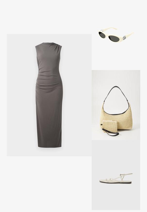 Bez piedurknēm pelēka midi kleita ar pieguļošu siluetu, sānu rušu detaļu, apaļu dekoltē un gludu, elastīgu audumu.; Bežīgas plakanas čības ar vairākiem plāniem siksniņām un regulējamu sprādzi. Zole ir plakana ar nelielu tumšu kontrastu malā.; Kremkrāsas sauļošanās brilles ar ovālām lēcām, melnu tonējumu un metāla logotipa akcentiem pie tempļiem. Gluda tekstūra, kaķa acs dizains.; Auduma salmu rokassoma ar izliekta siluetu, kas ir aprīkota ar gludu melnu ādas rokturi un atbilstošu mazu maciņu, kas piestiprināts pie plaukstas siksniņas.