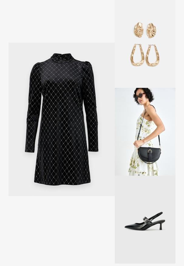 Vestido de veludo preto com mangas longas, colarinho alto e um padrão de diamante com acentos prateados. Textura suave e corte solto.; Saltos slingback em verniz preto com bico pontiagudo e um pequeno salto bloco, apresentando um detalhe de fivela prateada na tira.; Bolsa de couro preta com forma curva, alça destacável e detalhes em dourado. A bolsa possui uma aba com detalhe de fivela.; Brincos em tom de ouro com formas onduladas e texturizadas. Inclui studs escultóricos com presilha e um design de argola aberta com um acabamento martelado.
