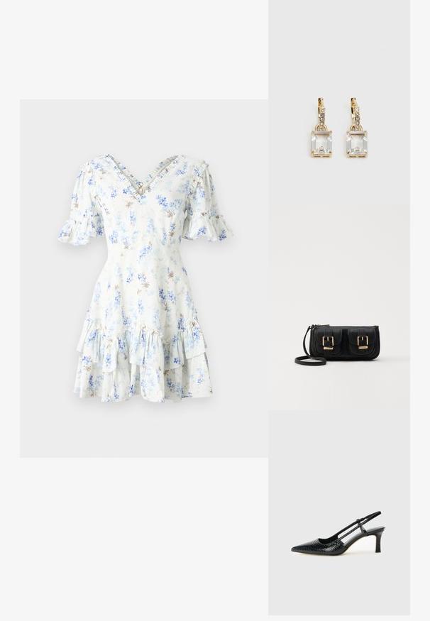 Blomsterkjole med v-hals, korte volangermarmer, lagdelt volangskjørt, lyseblått stoff, og små blå og brune blomster mønster.; Sorte patent slingback hæl med spids tå, featuring tekstureret slangeskind, justerbar rem og en kort, tekstureret blokhæl.; Svart skinn crossbody veske med to frontlommer, gyldne spenner, glidelåslukking og en slank stropp. Teksturert overflate og kompakt rektangulær form.; Gullfargede øreringer med en rektangulær, klar krystall som henger under en rad av små, runde klare akenter. Elegante, moderne design.