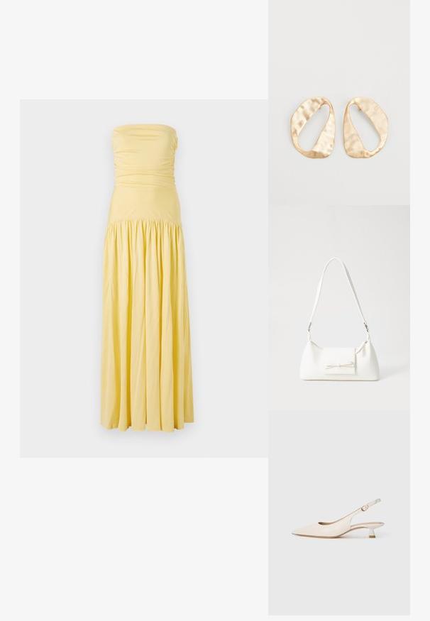 Be be aki suknelė iš minkštos geltonos medžiagos, su surinkimu krūtinėje ir sutrauktu sijonu, turinti laisvą siluetą ir lygią tekstūrą.; Grietos spalvos smailianosiai slingback bateliai su žemu kitten kulnu ir auksine sagtimi ant vienodo balto fono.; Balta sintetinė rankinė trikampio formos, plokščiu priekiu su užsegimu, kaspino detale, reguliuojama dirželiu, lygia tekstūra ir minimalistišku dizainu.; Nedidelis nereguliarus ovalo formos aukso tono metalinių auskarų pora su tekstūruota, šiek tiek kalta paviršiumi ant balto fono.