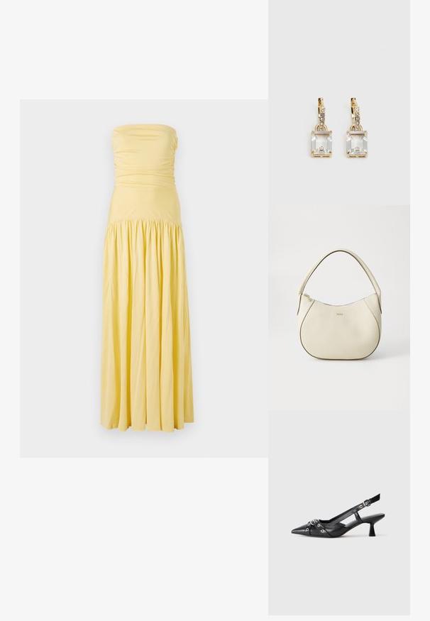 Μάξι φόρεμα χωρίς τιράντες σε μαλακό κίτρινο ύφασμα, με ρούχα στο κορσέ και φούστα με πτυχές, προσφέροντας μια ρέουσα σιλουέτα και απαλή υφή.; Μαύρο δερμάτινο παπούτσι slingback με μυτερή μύτη, διακοσμητικές λωρίδες με μεταλλικά μάτια και χαμηλό μπλοκ τακούνι. Υφή επιφάνειας.; Κρεμ τσάντα χειρός με υφή, καμπύλη σχήμα, κοντό χερούλι και χρυσό λογότυπο. Κλείσιμο με φερμουάρ στην κορυφή.; Χρυσά σκουλαρίκια με ορθογώνιο, καθαρό κρύσταλλο που κρέμεται κάτω από μια σειρά μικρών, στρογγυλών, καθαρών λεπτομερειών. Λεπτός, σύγχρονος σχεδιασμός.